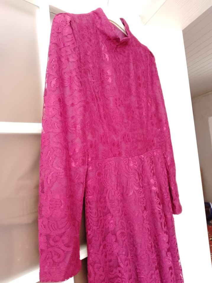 Bordo Dantel Detaylı Uzun Kollu Kadın Elbise - Görsel 2