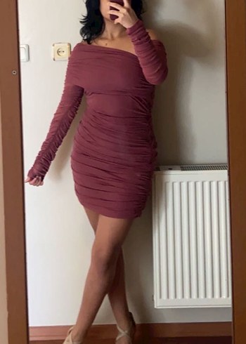 Gül Kurusu Drapeli Mini Straplez Elbise - Görsel 3