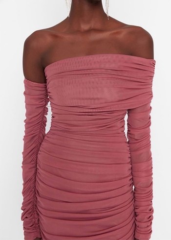 Gül Kurusu Drapeli Mini Straplez Elbise - Görsel 2