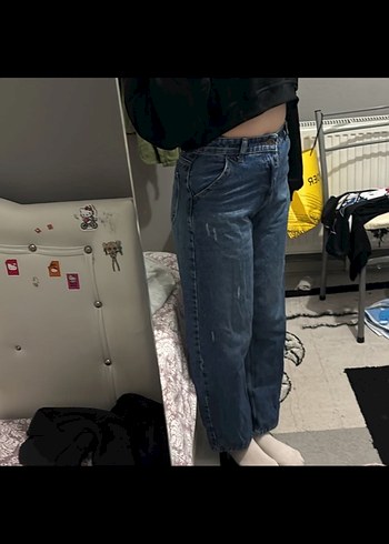 Yüksek Bel Bol Paca Mavi Kot Pantalon - Görsel 3