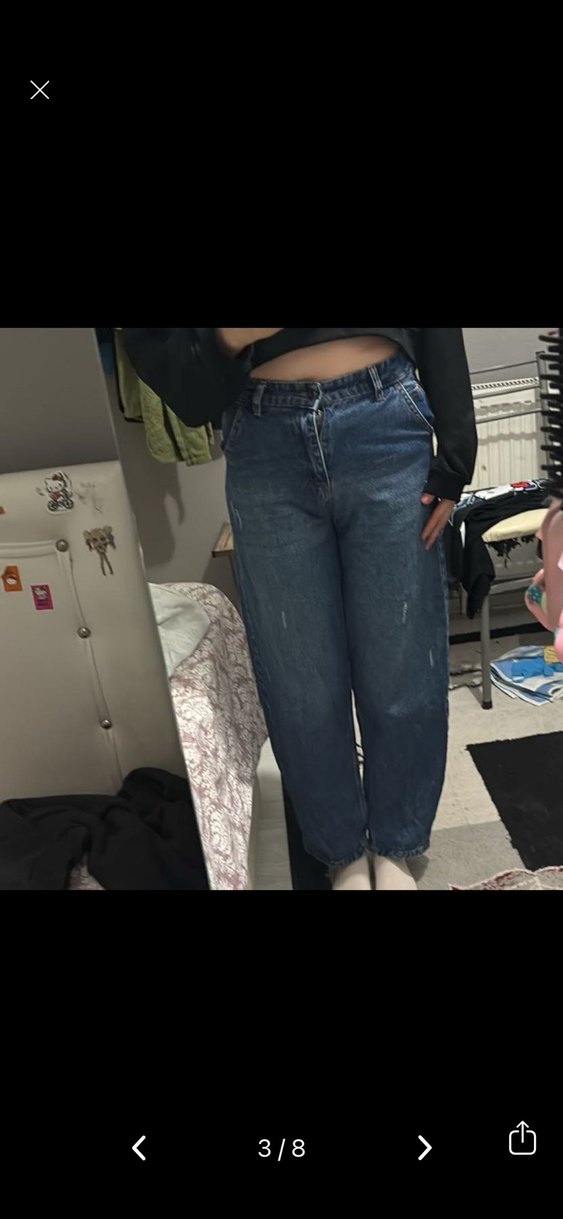 Yüksek Bel Bol Paca Mavi Kot Pantalon - Görsel 2