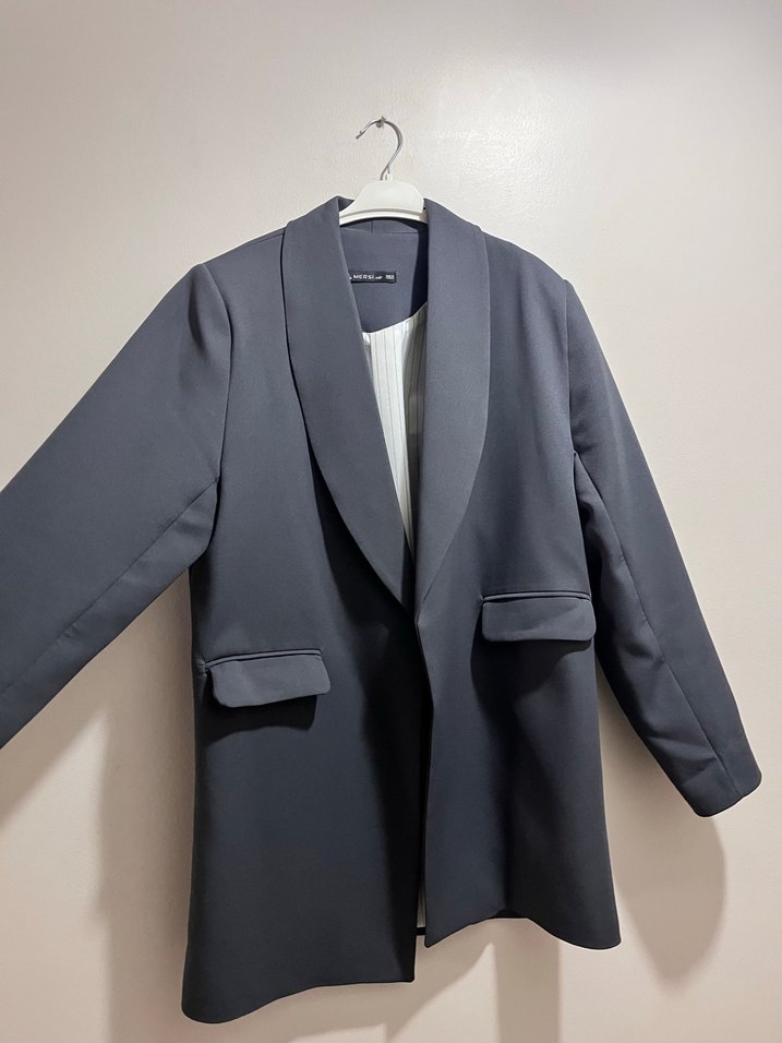 Gri Kadın Ofis Blazeri, Normal Boy, Düz Kesim - Görsel 2