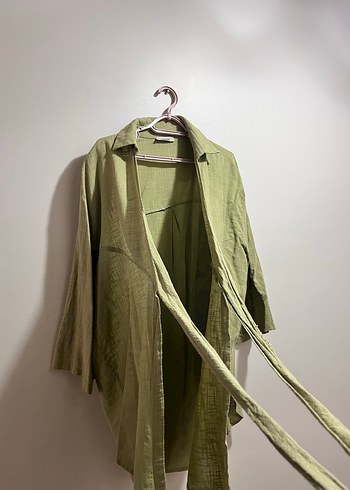 Yeşil Uzun Keten Kadın Kimono - Görsel 7