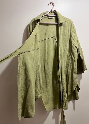 Yeşil Uzun Keten Kadın Kimono - Görsel 6