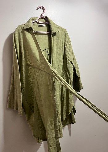 Yeşil Uzun Keten Kadın Kimono - Görsel 5