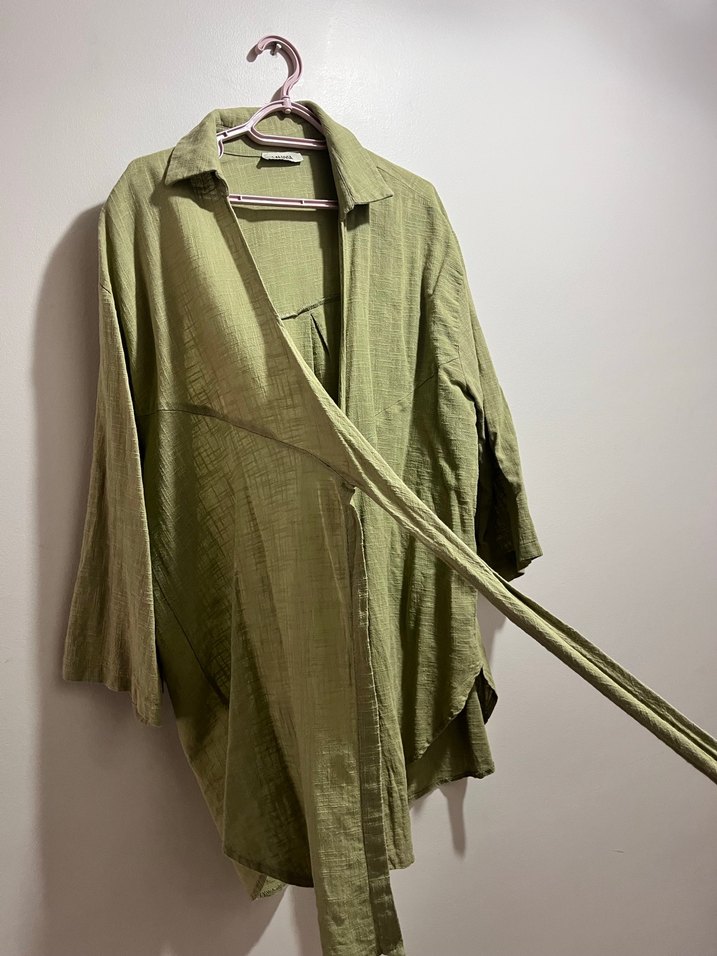 Yeşil Uzun Keten Kadın Kimono - Görsel 5