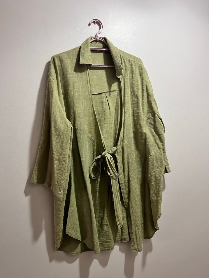Yeşil Uzun Keten Kadın Kimono - Görsel 2