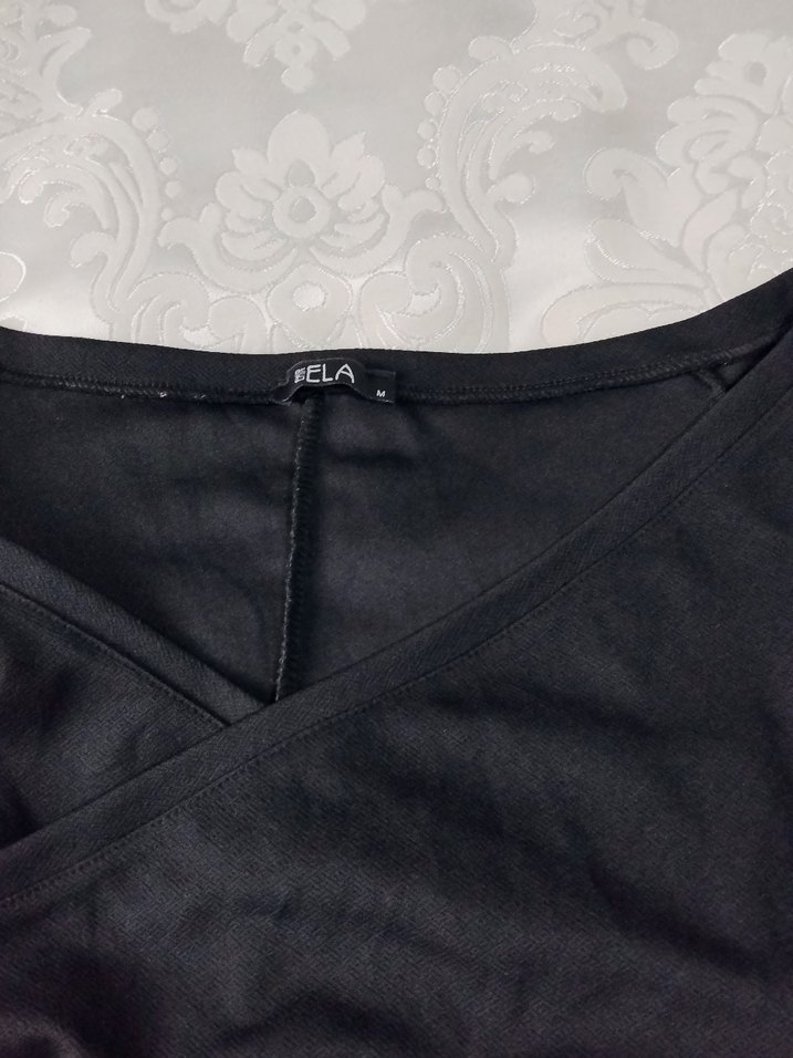 Siyah V Yakalı Drapeli Uzun Kollu Elbise - Görsel 2