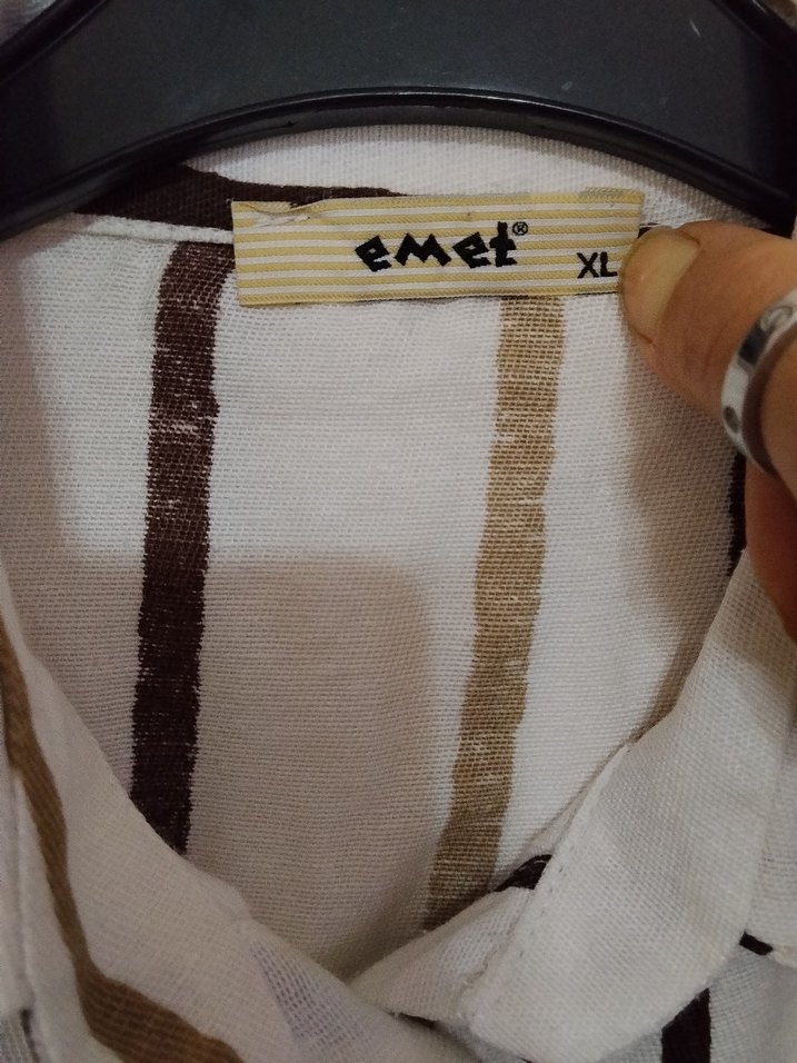 Bej Zebra Desenli Uzun Kollu Keten Gömlek - Görsel 2