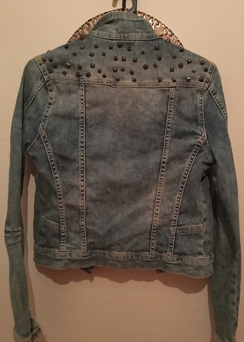 Gri Düğmeli Kadın  Aksesuarlı Rock Kot Ceket - Görsel 2