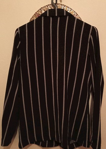 Düğmeli Siyah Çizgili Kadın Blazer Ceket - Görsel 2