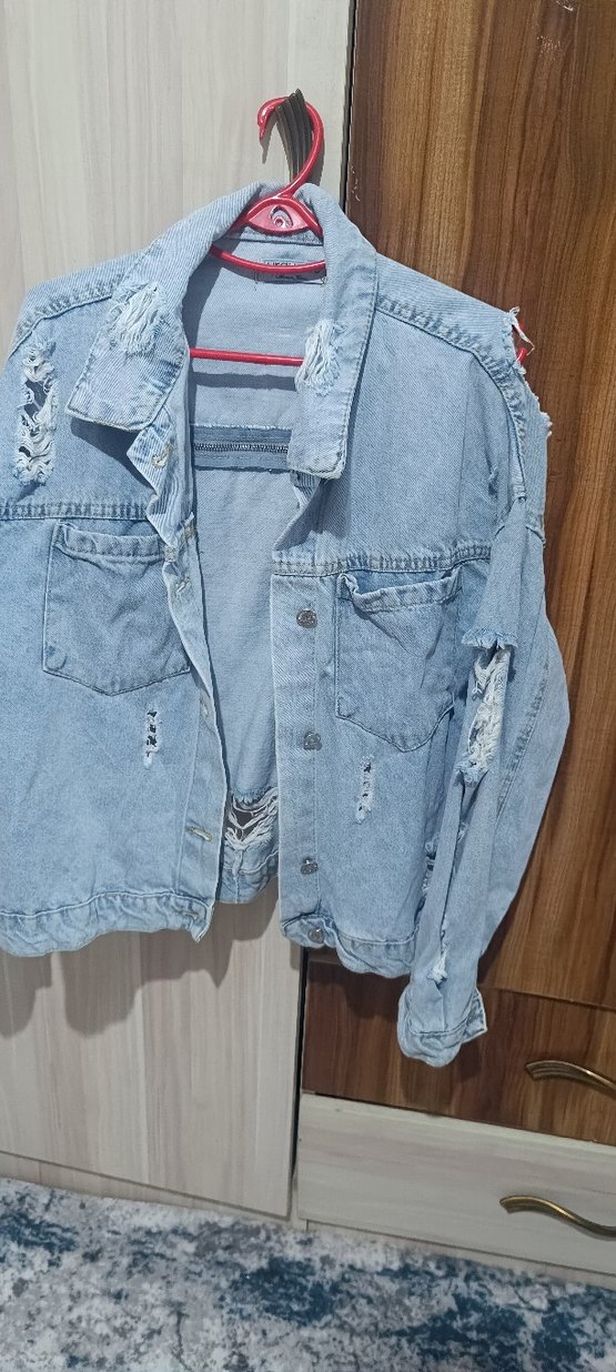 Düğmeli Kadın Denim Ceket, Salaş Kesim, Mavi - Görsel 2