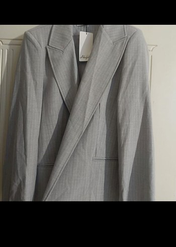 Gri Keten Kumaşlı Düğmeli Kadın Blazer - Görsel 4