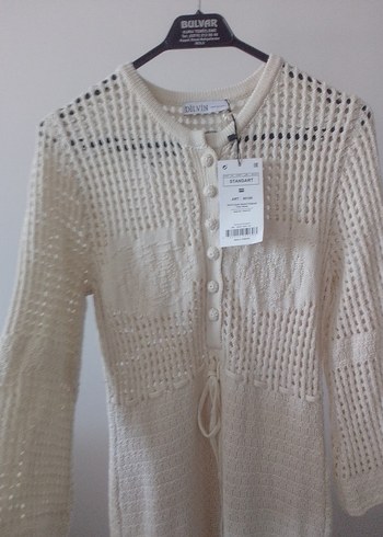 Uzun Beyaz Örgü Kadın Elbise - Görsel 2