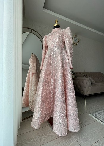 Pembe İşlemeli Uzun Kollu Abiye Elbise - Görsel 2