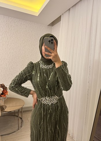 Uzun Kollu Koyu Haki Abiye Elbise - Görsel 2