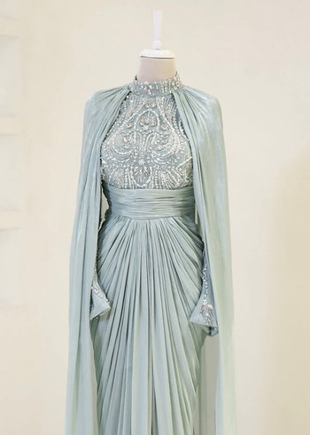 Drapeli Yüksek Yakalı Turkuaz Kadın Abiye Elbise - Görsel 3