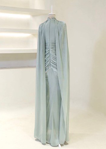 Drapeli Yüksek Yakalı Turkuaz Kadın Abiye Elbise - Görsel 2