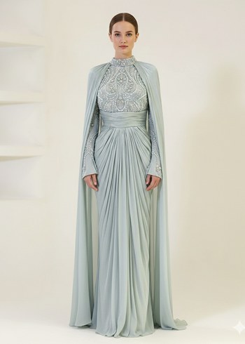 Drapeli Yüksek Yakalı Turkuaz Kadın Abiye Elbise - Görsel 4