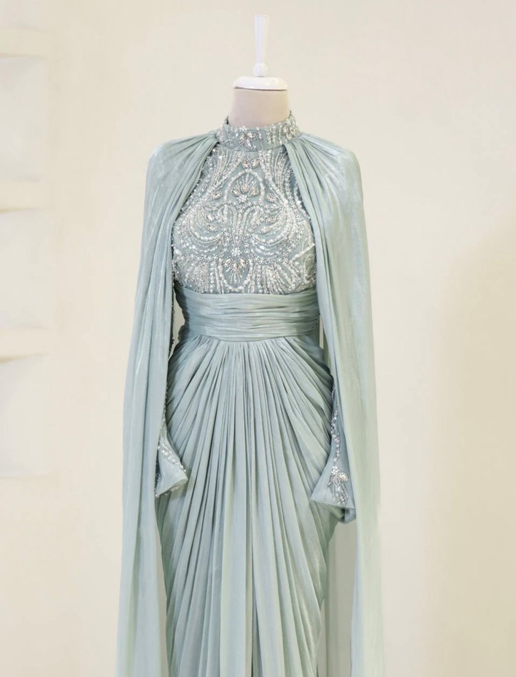 Drapeli Yüksek Yakalı Turkuaz Kadın Abiye Elbise - Görsel 3