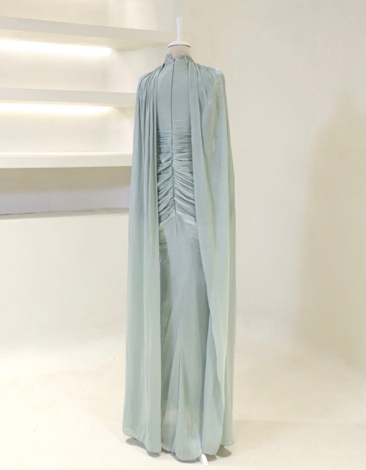 Drapeli Yüksek Yakalı Turkuaz Kadın Abiye Elbise - Görsel 2