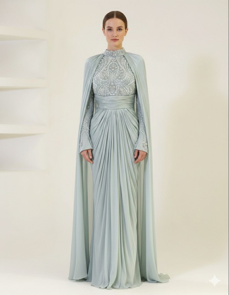 Drapeli Yüksek Yakalı Turkuaz Kadın Abiye Elbise - Görsel 4