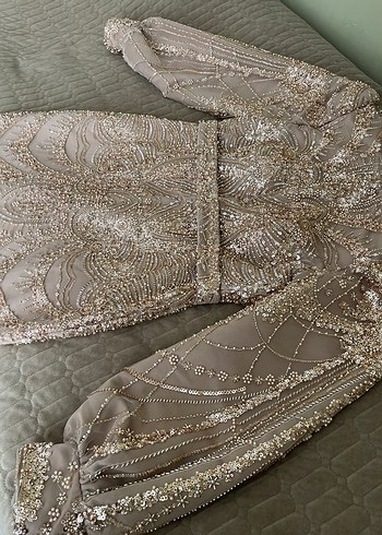 Kahverengi İşlemeli Uzun Abiye Elbise - Görsel 3