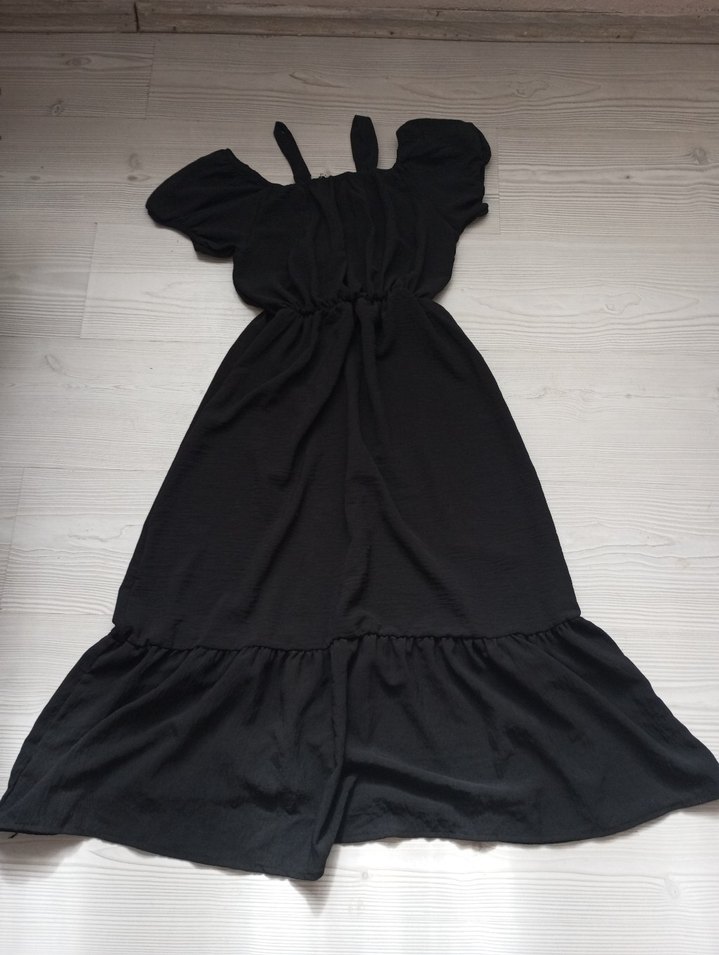 Siyah Uzun Askılı Gotik Keten Elbise - Görsel 2