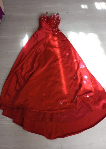 Uzun Kırmızı Drapeli Straplez Abiye Elbise - Görsel 2