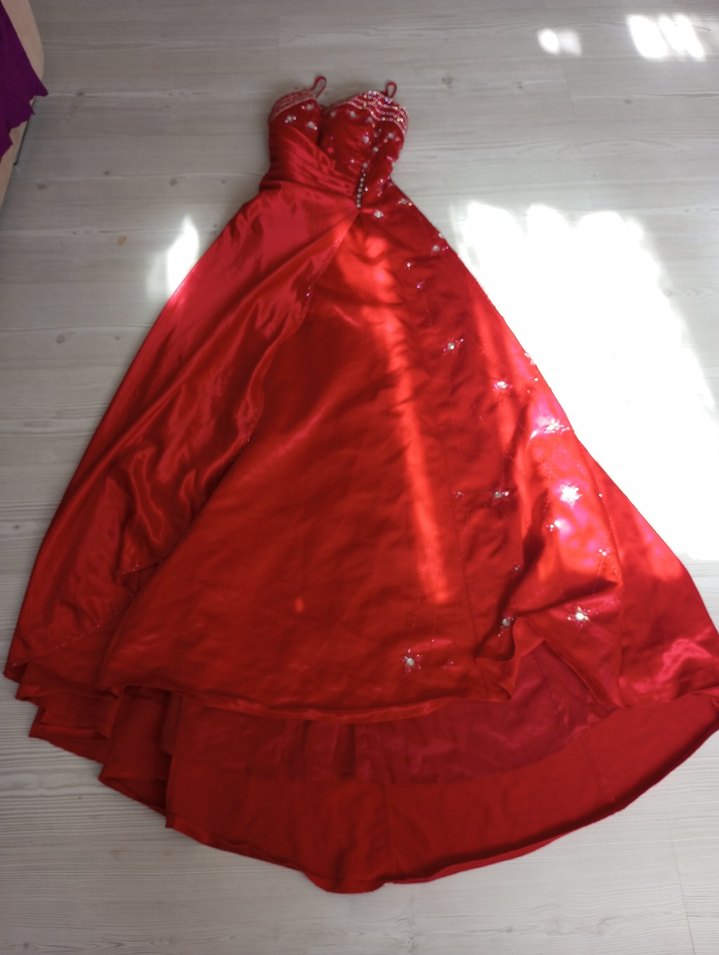 Uzun Kırmızı Drapeli Straplez Abiye Elbise - Görsel 2