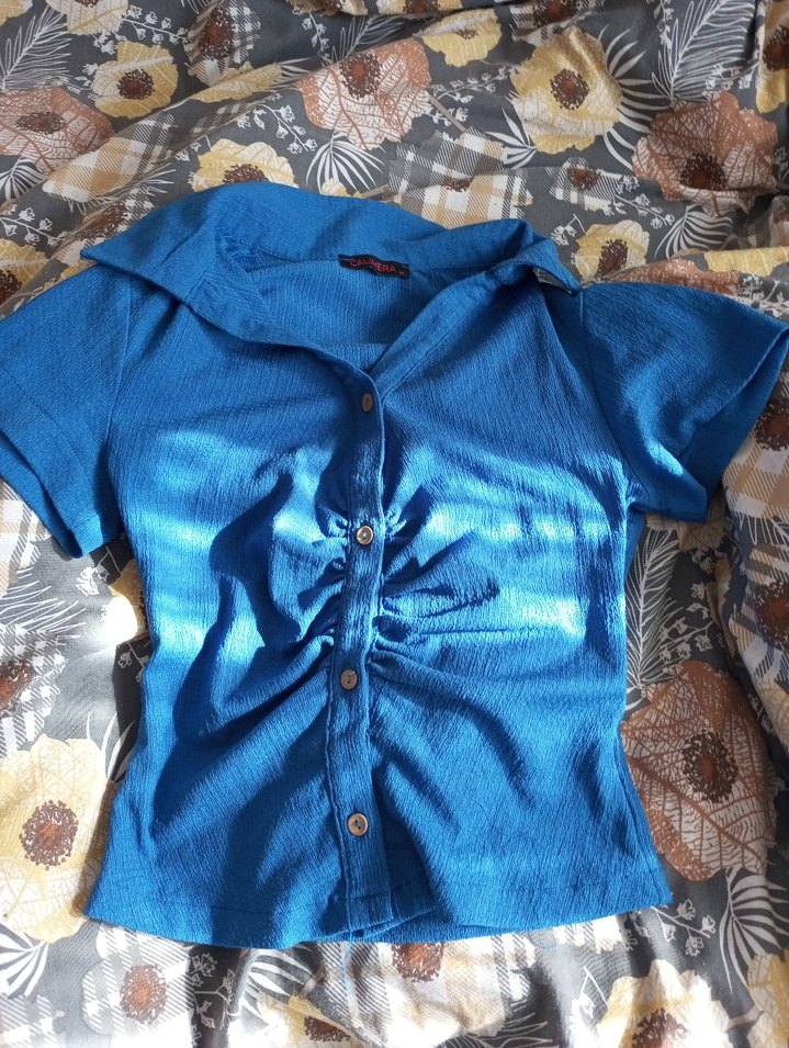 Mavi Kısa Kollu Düğmeli Keten Gömlek - Görsel 2