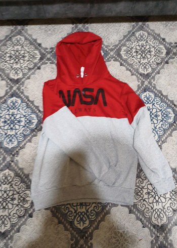 NASA Baskılı Kırmızı Gri Kapüşonlu Sweatshirt - Görsel 2