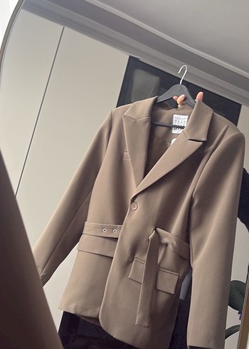 Kahverengi Kemerli Midi Kadın Blazer Ceket Etiketli - Görsel 4