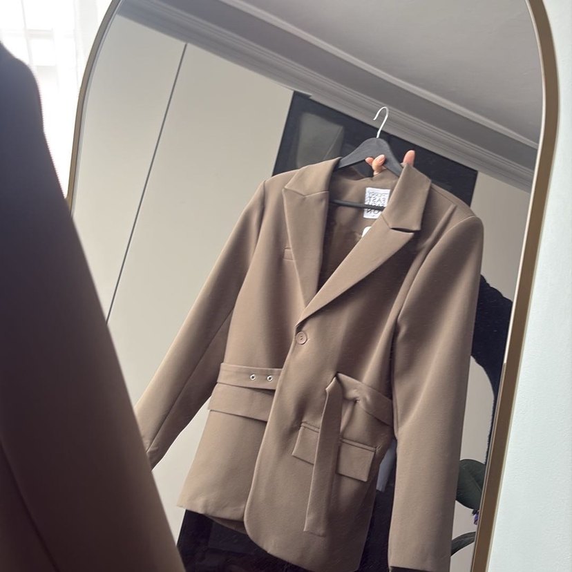 Kahverengi Kemerli Midi Kadın Blazer Ceket Etiketli - Görsel 4