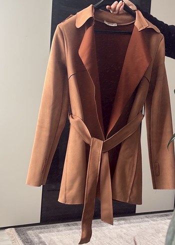 Kahverengi Süet Kemerli Uzun Kadın Trençkot - Görsel 6