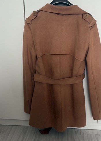 Kahverengi Süet Kemerli Uzun Kadın Trençkot - Görsel 5
