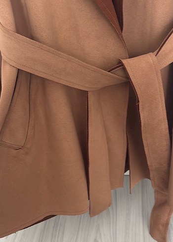 Kahverengi Süet Kemerli Uzun Kadın Trençkot - Görsel 4