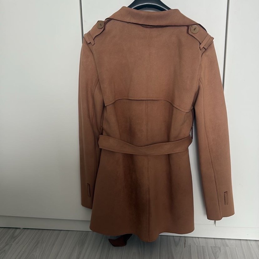 Kahverengi Süet Kemerli Uzun Kadın Trençkot - Görsel 5