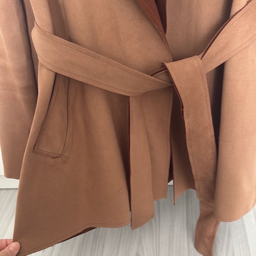 Kahverengi Süet Kemerli Uzun Kadın Trençkot - Görsel 4