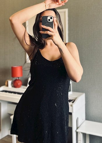 KOTON Siyah Parlak Payetli Yılan Desenli Mini Askılı Elbise - Görsel 7