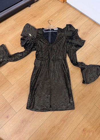 Volanlı Uzun Kollu Siyah Yılan Desenli Abiye Elbise - Görsel 2