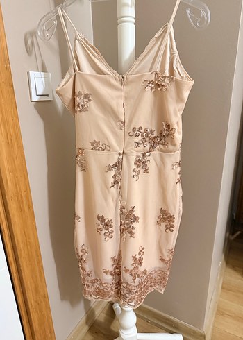 Bej Nakışlı Straplez midi Abiye Elbise - Görsel 3