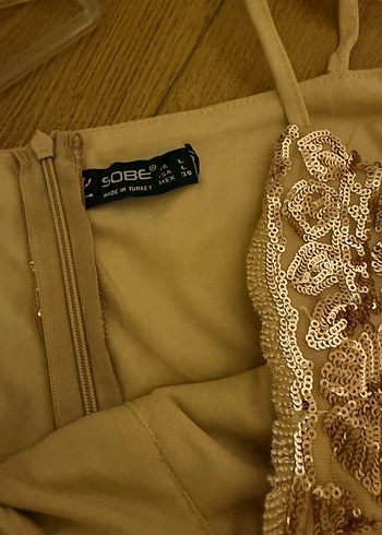 Bej Nakışlı Straplez midi Abiye Elbise - Görsel 5