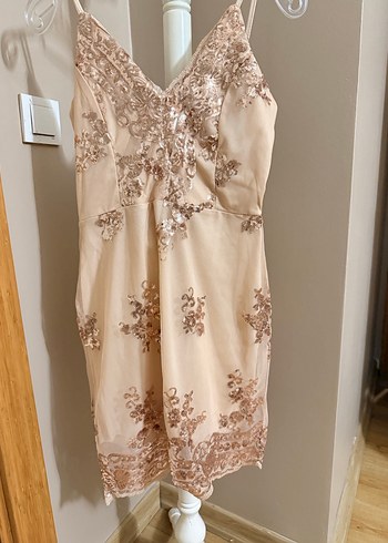 Bej Nakışlı Straplez midi Abiye Elbise - Görsel 2