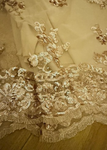 Bej Nakışlı Straplez midi Abiye Elbise - Görsel 4