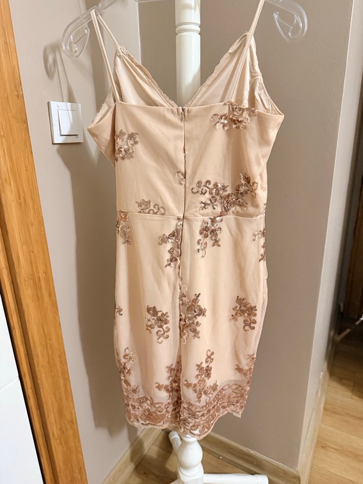 Bej Nakışlı Straplez midi Abiye Elbise - Görsel 3