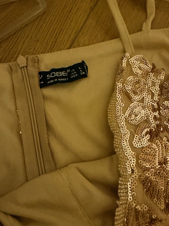 Bej Nakışlı Straplez midi Abiye Elbise - Görsel 5