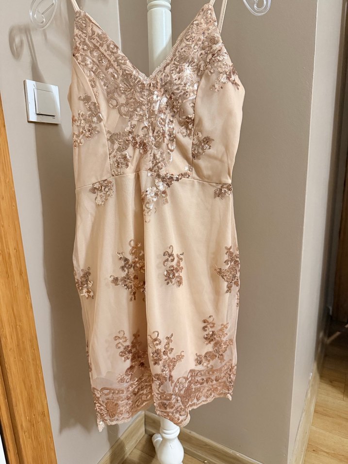 Bej Nakışlı Straplez midi Abiye Elbise - Görsel 2