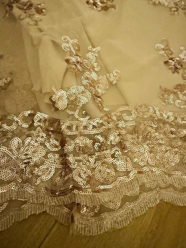 Bej Nakışlı Straplez midi Abiye Elbise - Görsel 4