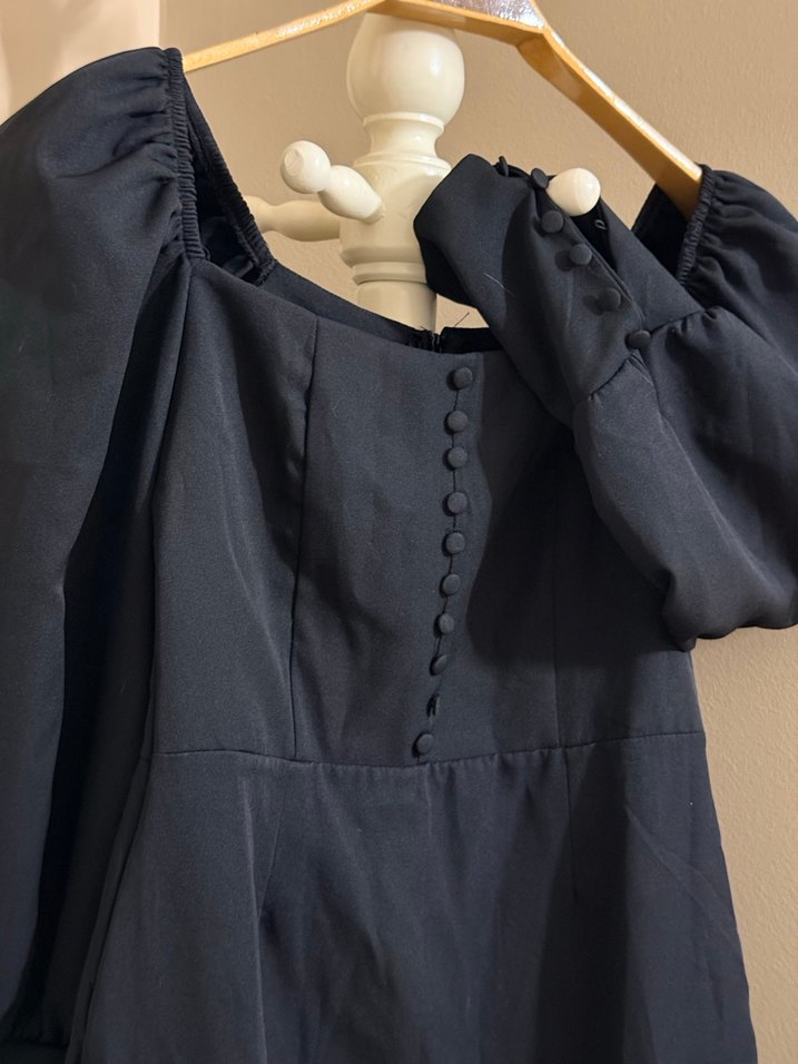 Uzun siyah V Yaka Drapeli Kadın Elbise - Görsel 4